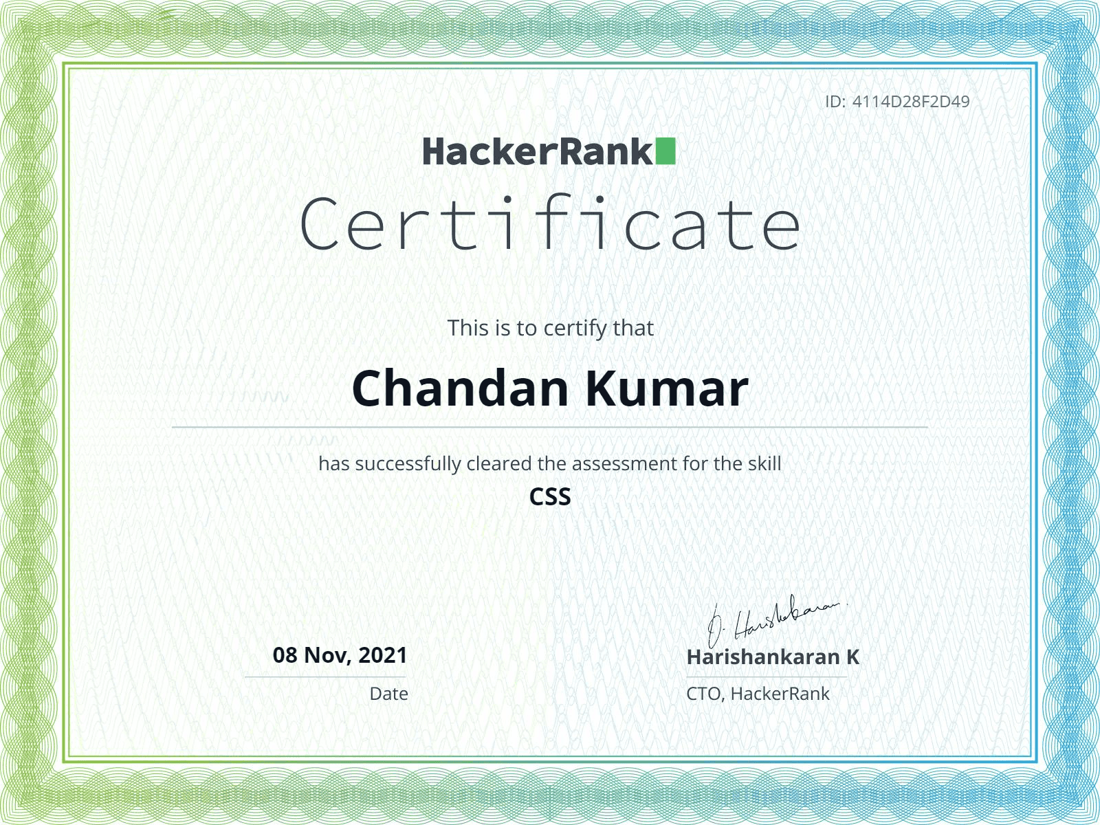 HackerRank Verfied CSS Certificate